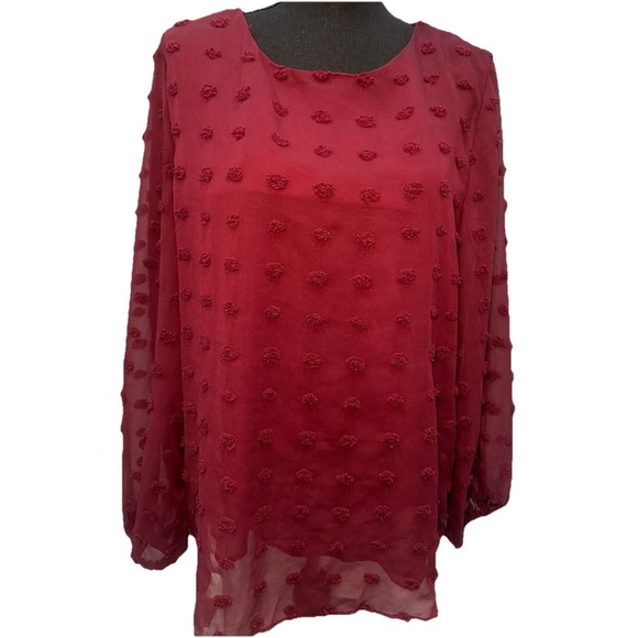 Jolly Code Blouse Women's Size XL Burgundy Sheer Swiss Dot Long Sleeve Lining - Picture 1 of 9